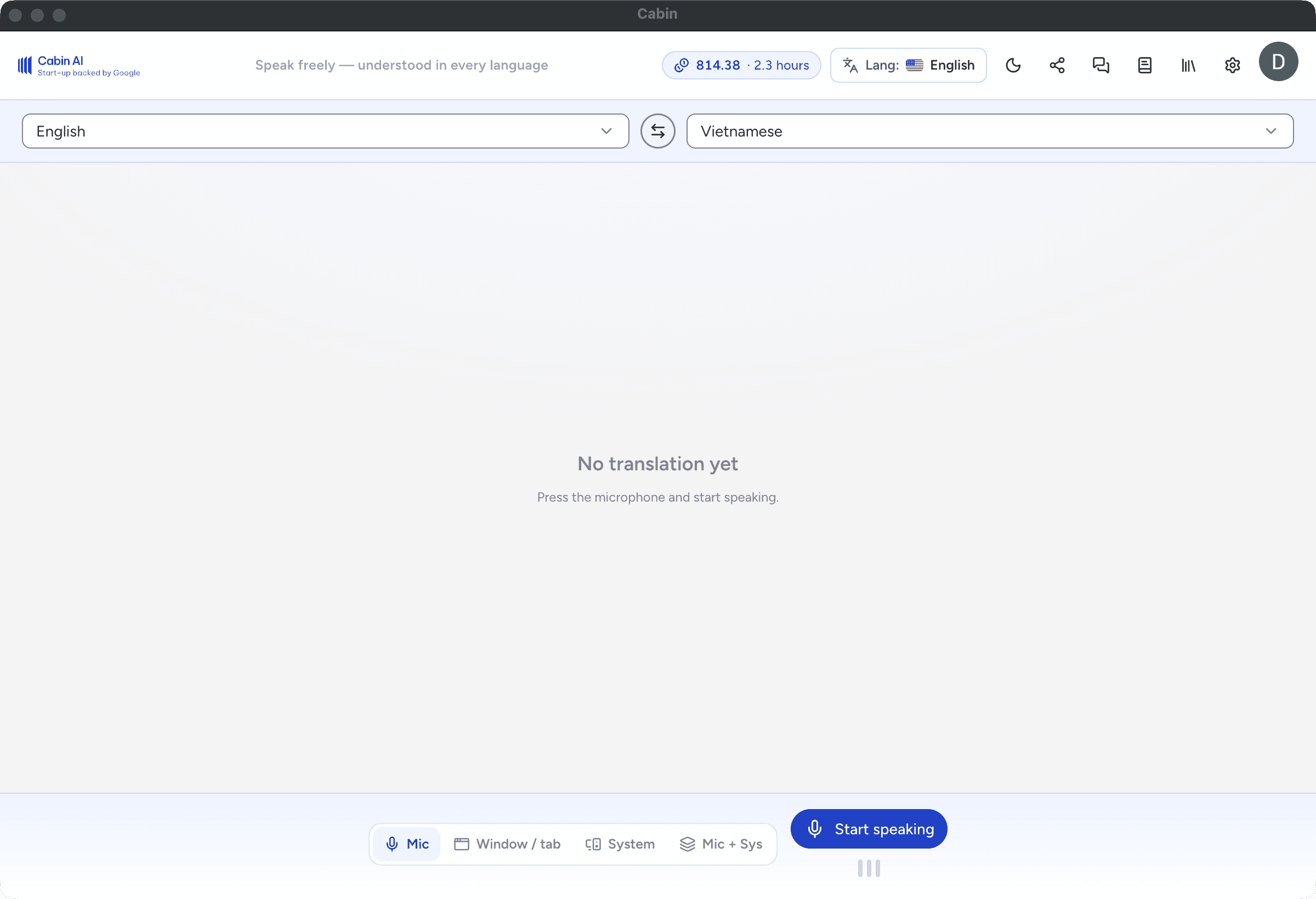 The live translation workspace on macOS